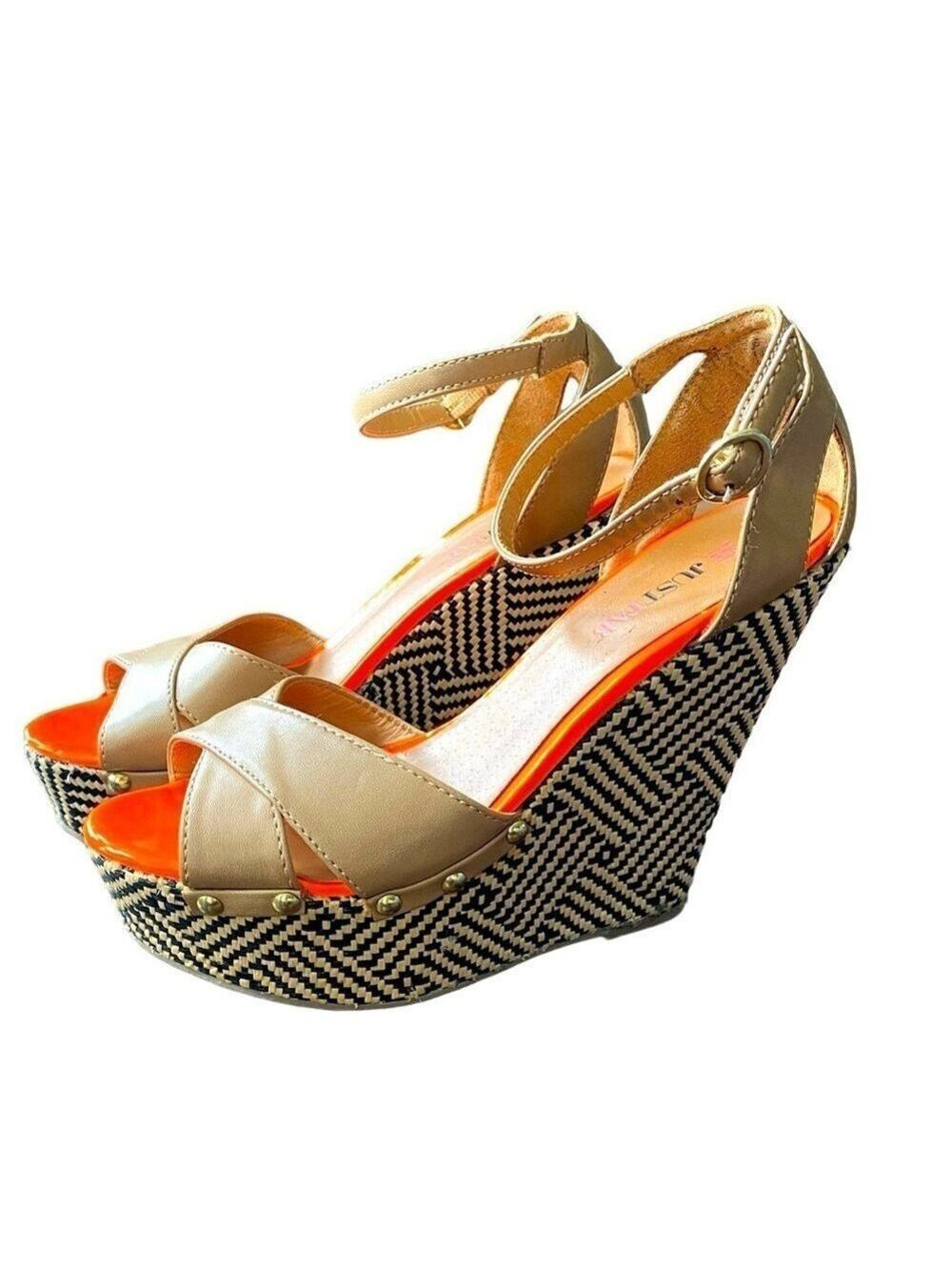 JustFab Beige Black Orange Platform Sandals Size 7